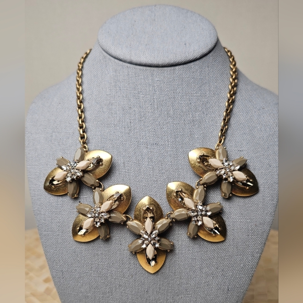[J. CREW] Art Deco Style Gold, Taupe & Charcoal Gray Statement Necklace